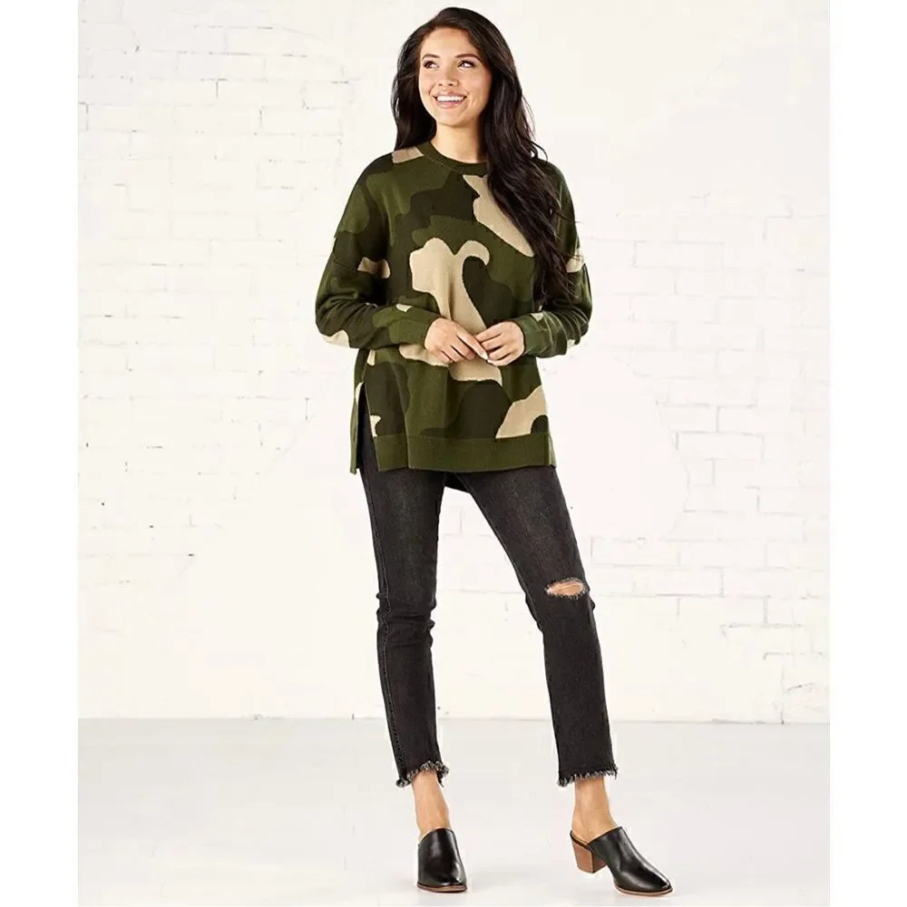 Mud Pie Camouflage Green Tan Autumn Jacquard Sweater NWT!